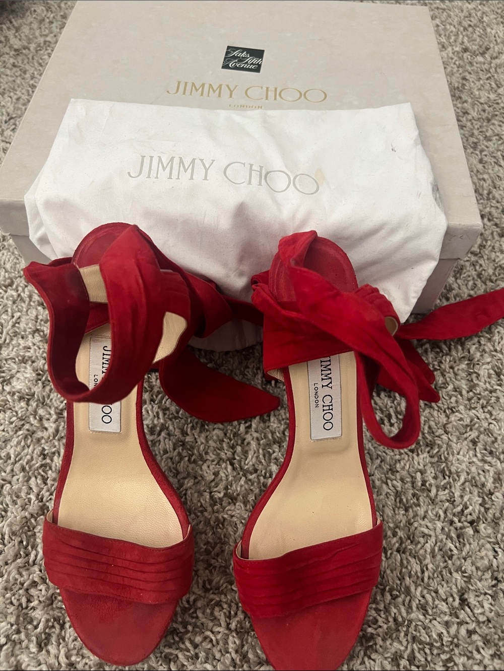 Jimmy Choo Red Suede Ankle-Tie Heeled Sandals